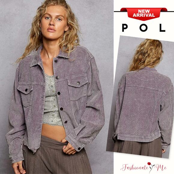POL Button Down Raw Hem Chest Pockets Cropped Corduroy Trucker Jacket | Lilac - Picture 1 of 5